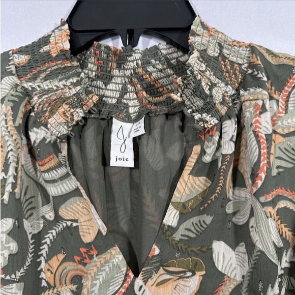 JOIE [ Large ]‎ Flutter Sleeve Floral Mock Neck Smocked Blouse Top Green - Picture 8 of 14